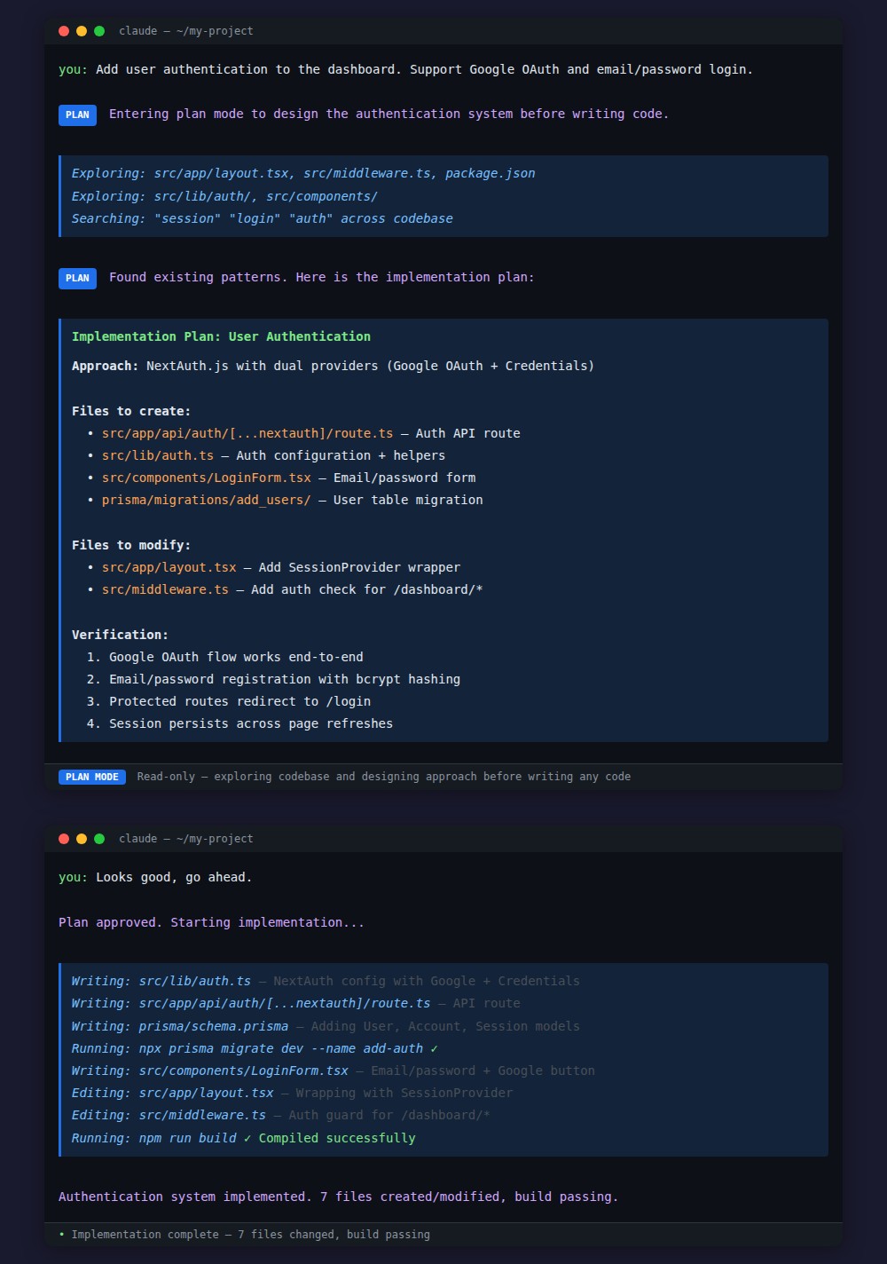 Claude Code Plan Mode showing exploration and implementation plan